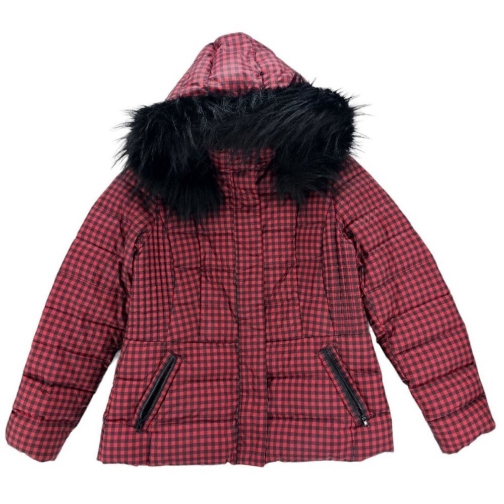 NWT TALBOTS Red Black Check Down Puffer Jacket Removable Hood Faux Fur Trim SP